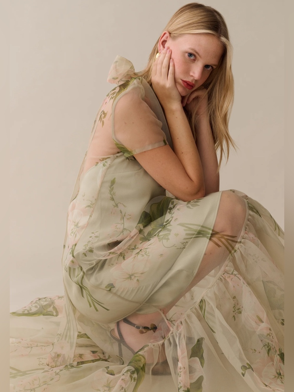 Sheer Floral Chiffon Maxi Dress in Sage and Pink